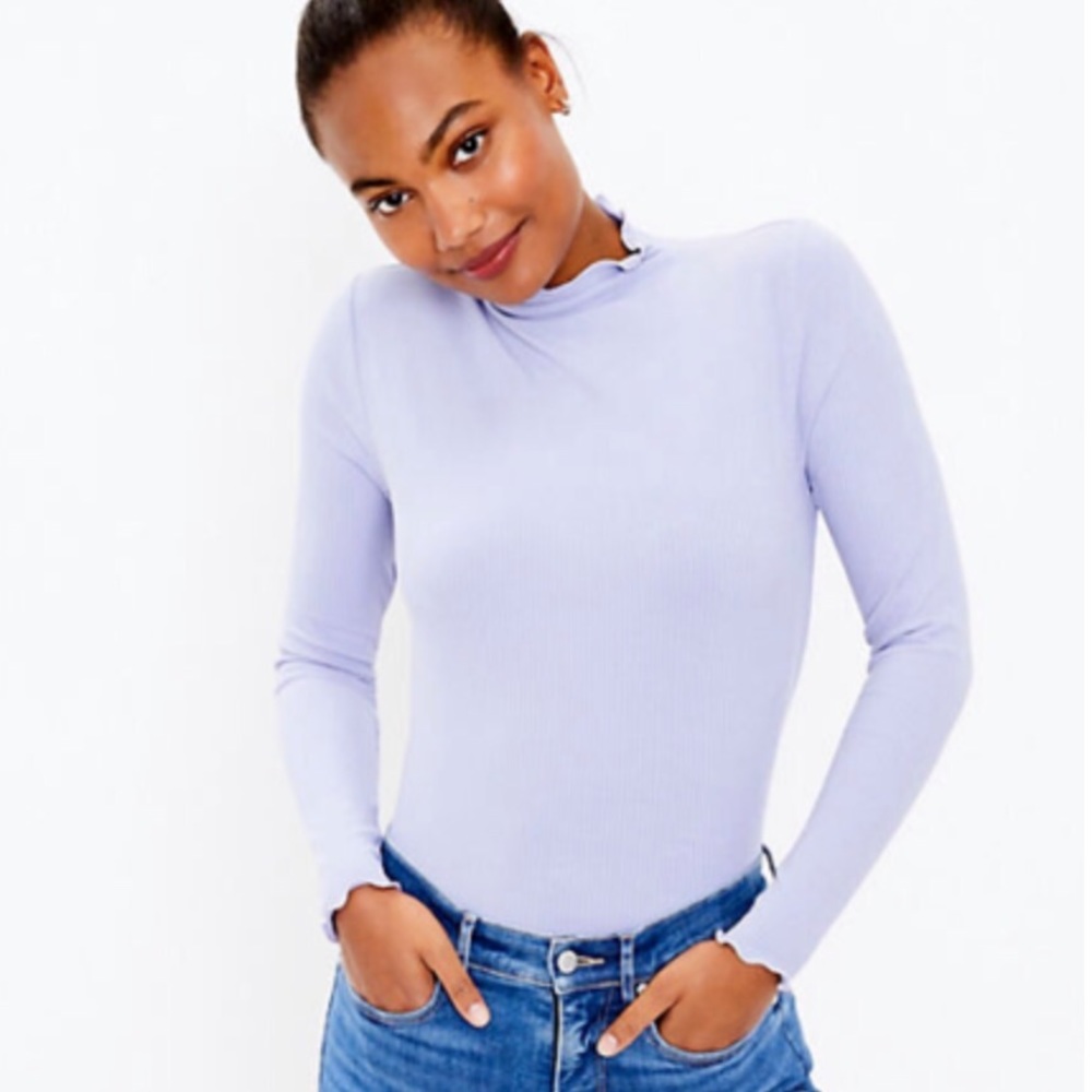 LOFT Lavender Ribbed Ruffle Mock Neck Top